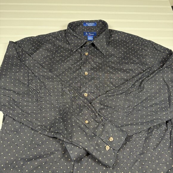 Paul Fredrick Trim Fit Button Up Shirt Mens Large Black Tan Polka Dots Linen GUC - Picture 1 of 4